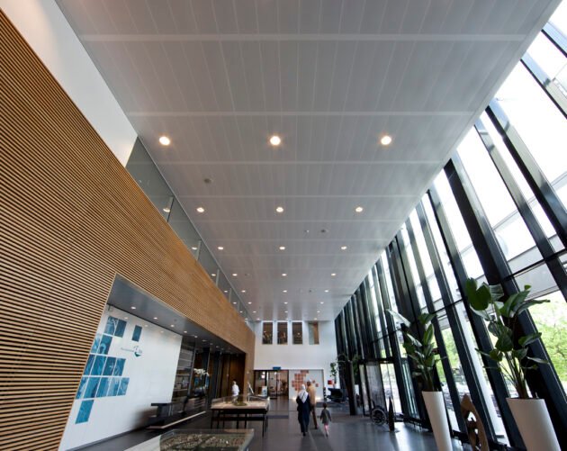 metal plank suspended ceiling in exhibition center
