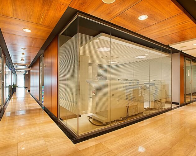 classic office partition system with wooden paneling